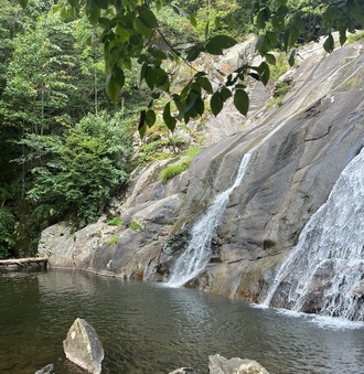 A waterfall and a rocky pool